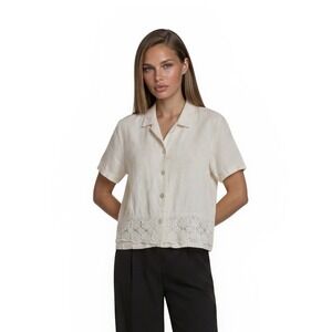 Clio 100% Linen Button Blouse Top Shirt Womens Size Large White Lace Vintage